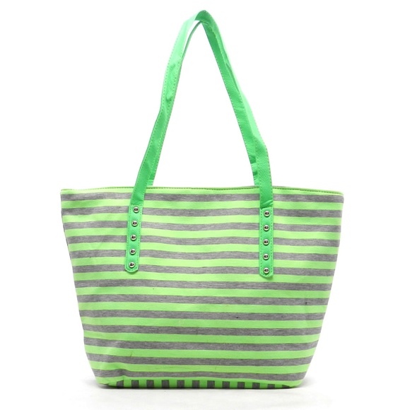GREEN JERSEY STRIPED OVERSIZED NEON TOTE - Picture 1 of 2